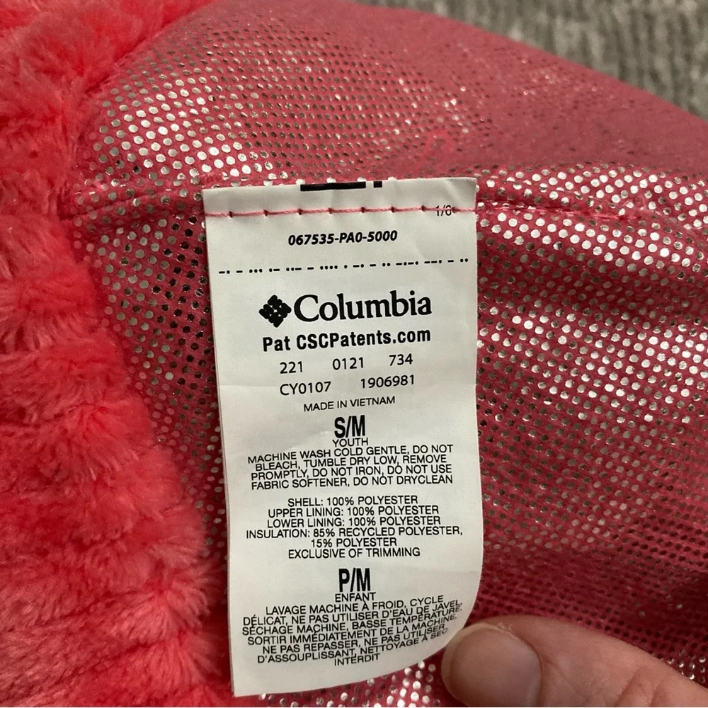 Columbia Youth S/M Fleece Ear Flap‎ Hat Pink Gray Red Pom Pom Winter Beanie